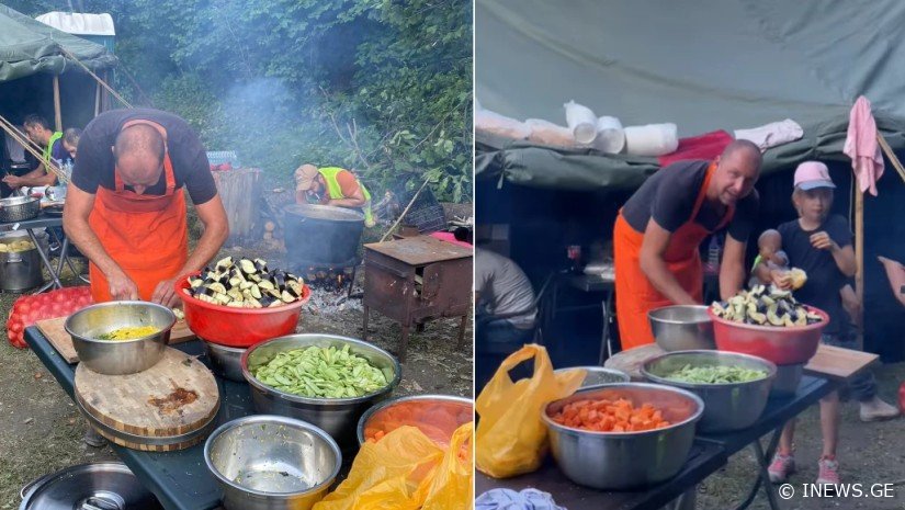 რაჭაში მაშველების მიერ გადარჩენილი ჩეხი მზარეული, სტიქიის ზონაში მყოფი ადამიანებისთვის საკვებს ამზადებს
